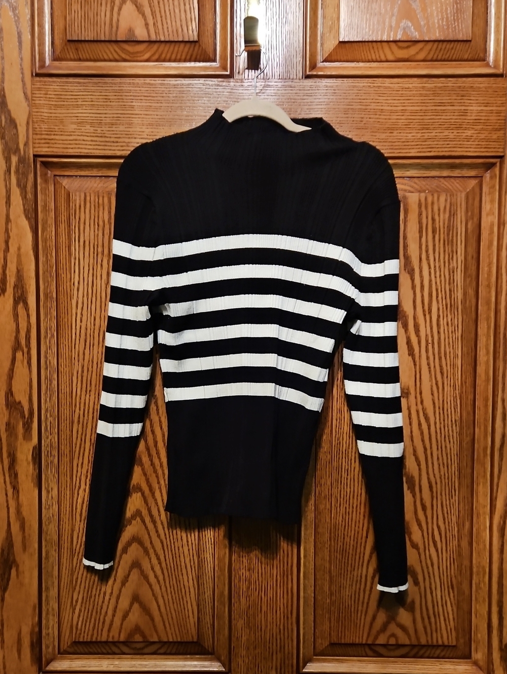 White House Black Market Black and White Striped Ribbed Crew Sweater